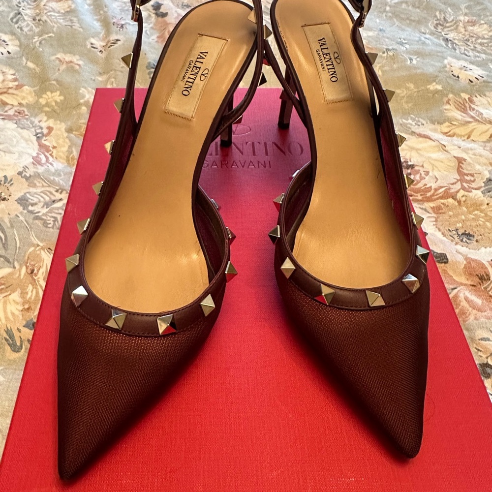 Valentino Burgundy Slingback Heels with Silver Studs